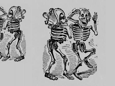 Banner. (C) José Guadalupe Posada, grabado. Dos esqueletos sonriendo y danzando.
